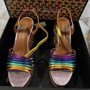 Kurt Geiger Rainbow Metallic Cork Wedge Sandals 9.5 / 40.5